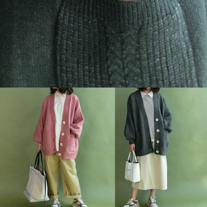 Comfy V Neck Knitwear Fall Army Green Pockets
