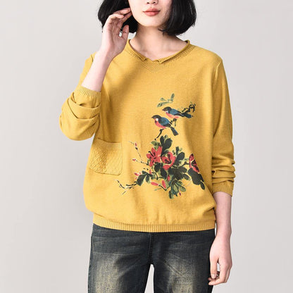 Comfy Yellow Knit Jacket Autumn Prints Knit Sweat Tops Pockets