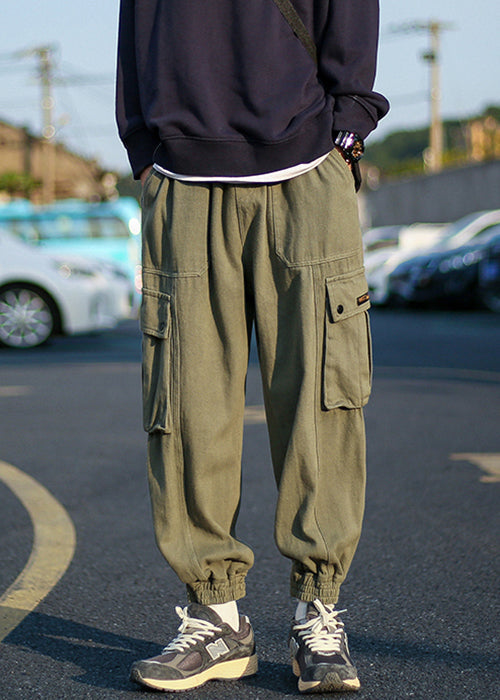 Cool Army Green Pockets Warm Fleece Beam Pants Elastic Waist Spring