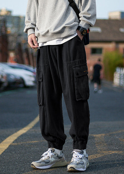 Cool Army Green Pockets Warm Fleece Beam Pants Elastic Waist Spring