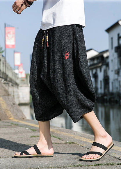 Cool Black Embroideried Pockets Cotton Crop Pants Summer