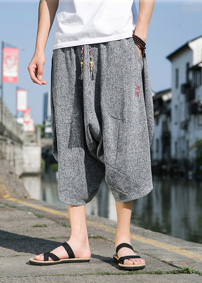 Cool Black Embroideried Pockets Cotton Crop Pants Summer