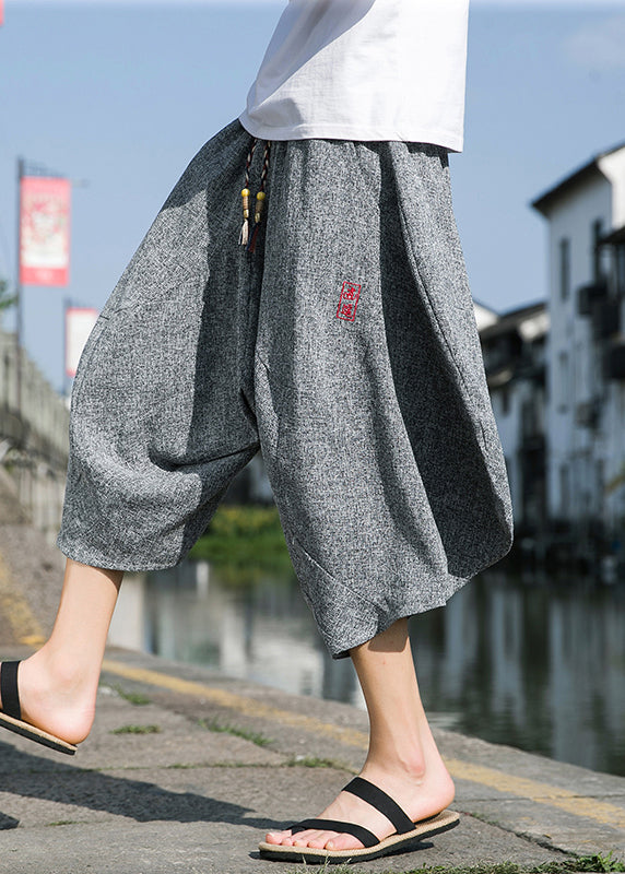 Cool Black Embroideried Pockets Cotton Crop Pants Summer