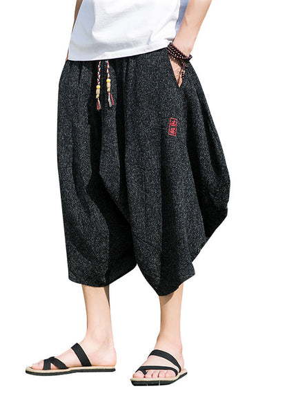 Cool Black Embroideried Pockets Cotton Crop Pants Summer