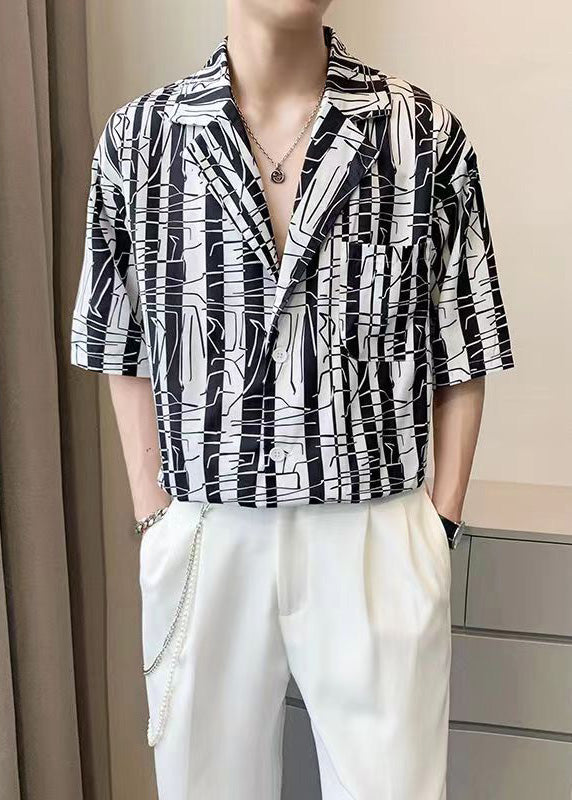 Cool Black Notched Striped Pockets Ice Silk Shirts Summer