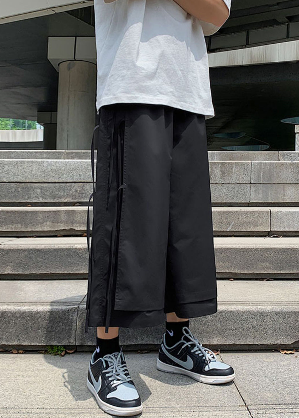 Cool Black Pockets Lace Up Cotton Summer Wide Leg Pants
