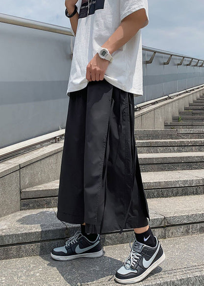 Cool Black Pockets Lace Up Cotton Summer Wide Leg Pants