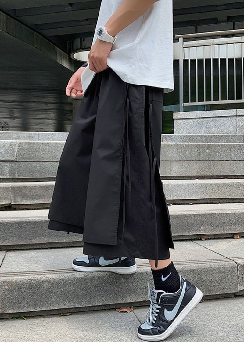 Cool Black Pockets Lace Up Cotton Summer Wide Leg Pants