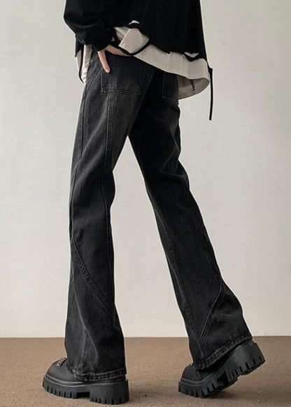 Cool Black Pockets Patchwork Slim Fit Denim Pants Fall