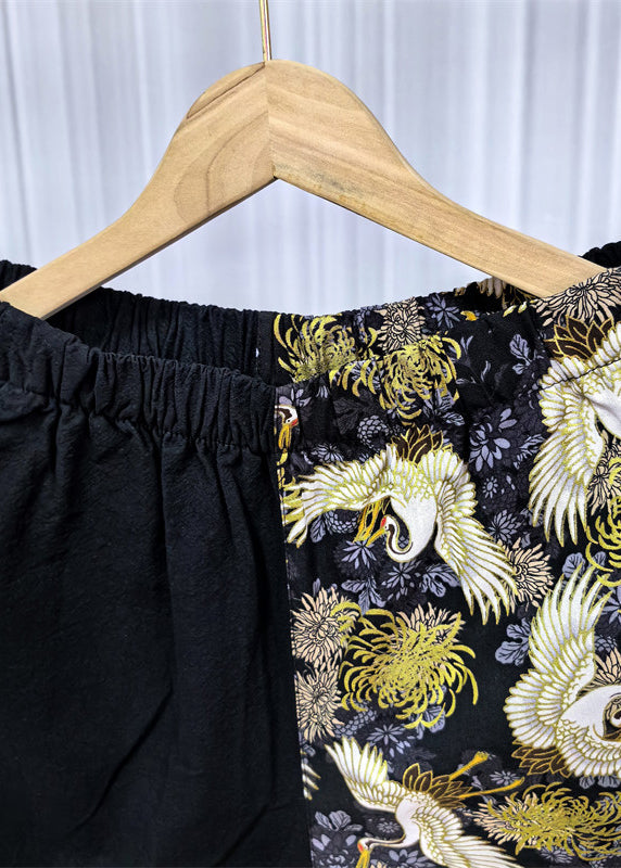 Cool Black Pockets Print Patchwork Cotton Shorts Summer