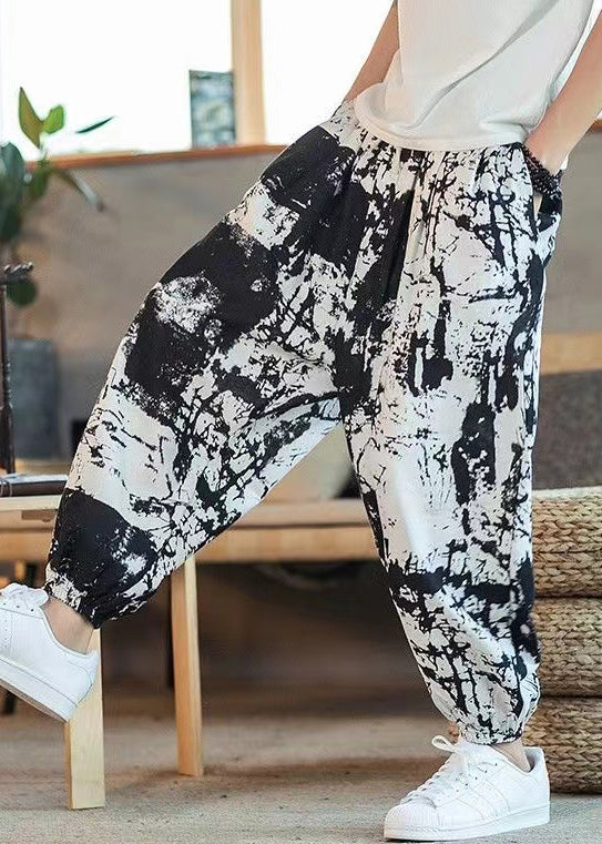 Cool Black Print Pockets Elastic Waist Cotton Crop Pants Summer
