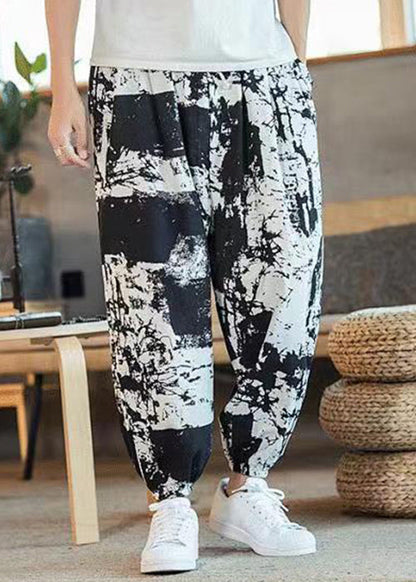 Cool Black Print Pockets Elastic Waist Cotton Crop Pants Summer