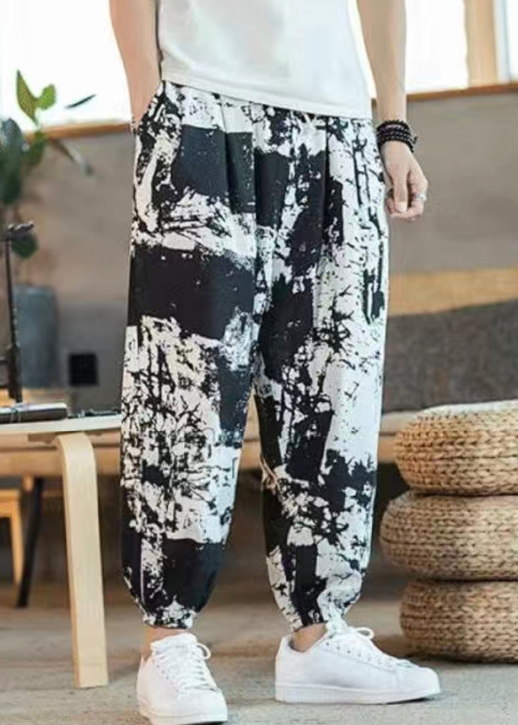 Cool Black Print Pockets Elastic Waist Cotton Crop Pants Summer