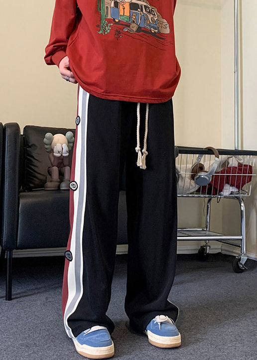 Cool Black Striped Drawstring Patchwork Cotton Pants Spring