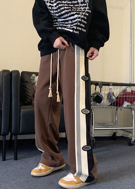 Cool Black Striped Drawstring Patchwork Cotton Pants Spring