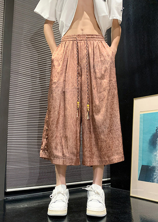 Cool Brown Chinese Button Patchwork Ice Silk Crop Pants Summer
