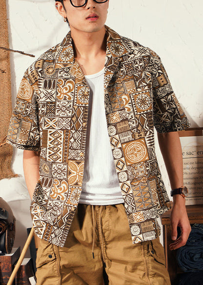 Cool Brown Peter Pan Collar Print Cotton Shirts Summer