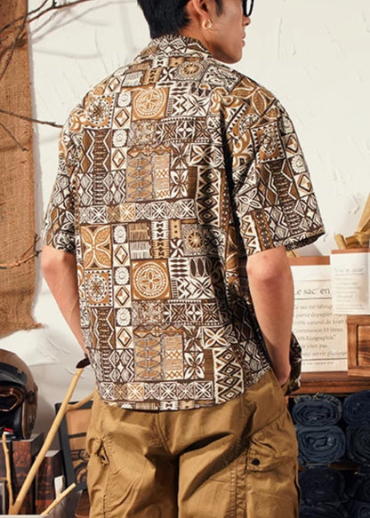 Cool Brown Peter Pan Collar Print Cotton Shirts Summer