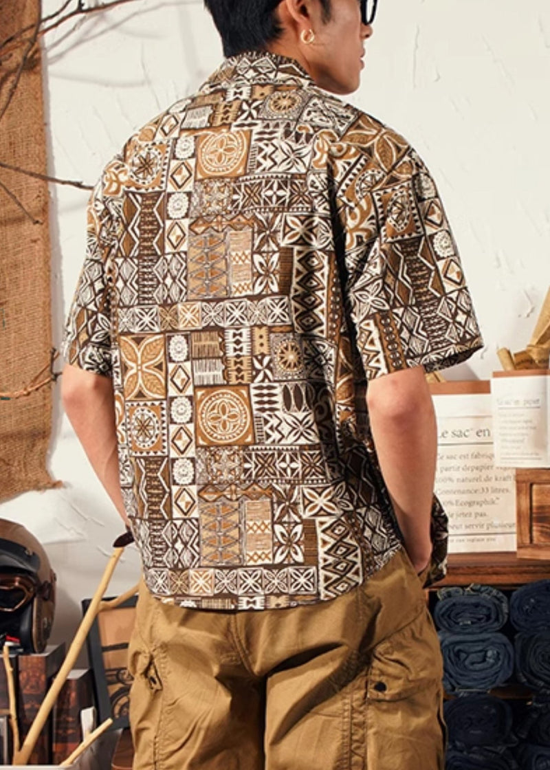 Cool Brown Peter Pan Collar Print Cotton Shirts Summer