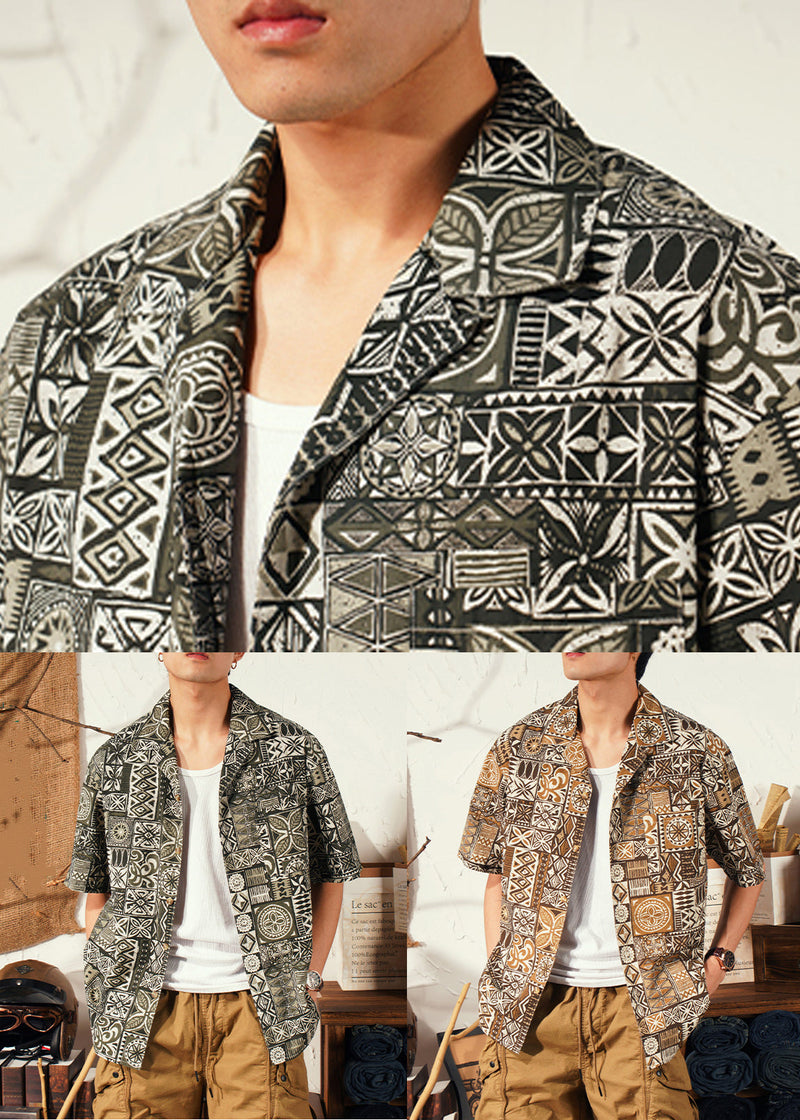 Cool Brown Peter Pan Collar Print Cotton Shirts Summer