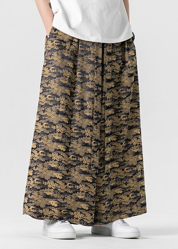 Cool Brown Pockets Print Ice Silk Wide Leg Pants Summer