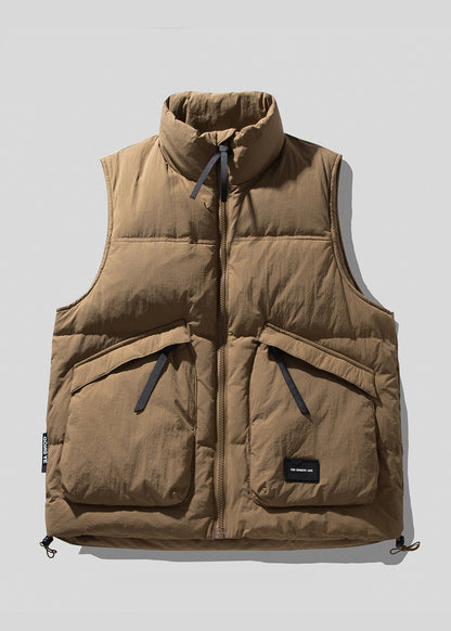 Cool Brown Stand Collar Zip Up Duck Down Vests Winter