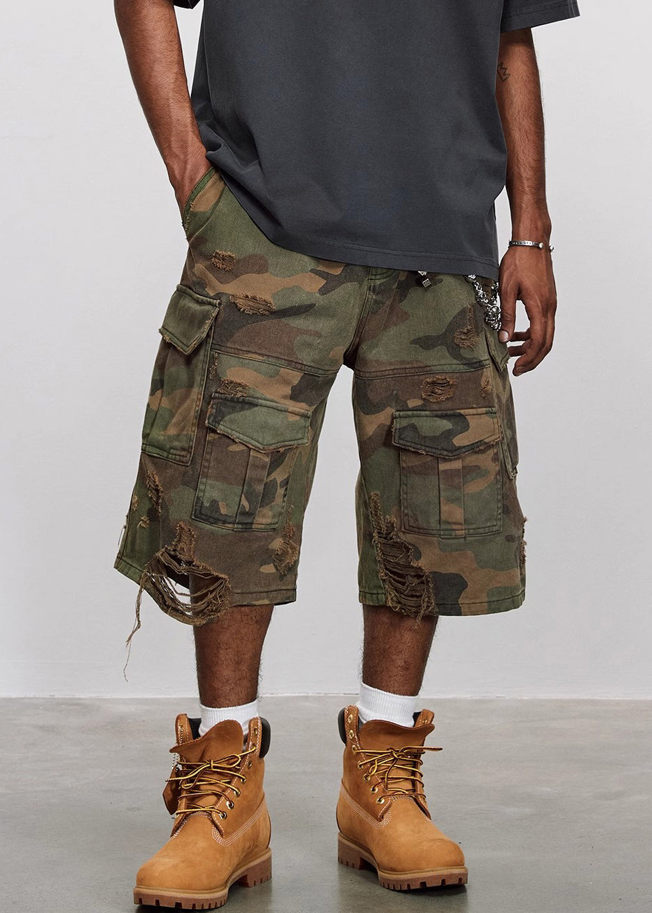 Cool Camouflage Hole Pockets High Waist Cotton Crop Pants Summer