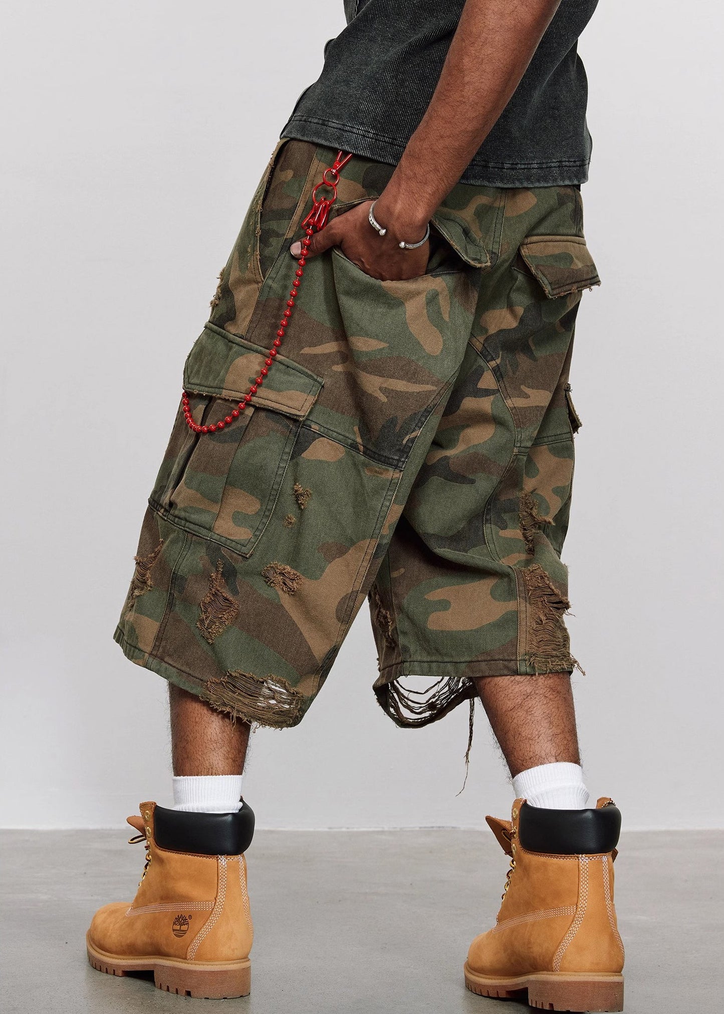 Cool Camouflage Hole Pockets High Waist Cotton Crop Pants Summer