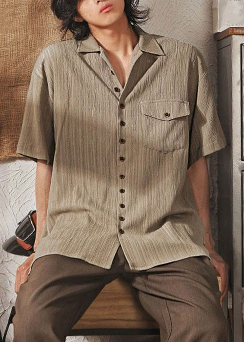 Cool Coffee Button Pockets Ice Silk Shirt Peter Pan Collar Summer