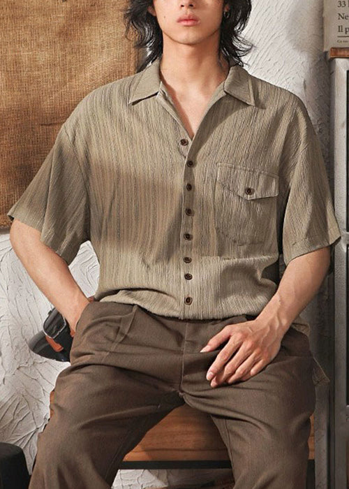 Cool Coffee Button Pockets Ice Silk Shirt Peter Pan Collar Summer
