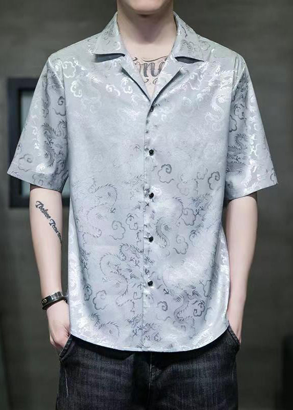 Cool Grey Peter Pan Collar Jacquard Silk Shirts Summer