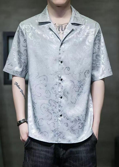 Cool Grey Peter Pan Collar Jacquard Silk Shirts Summer