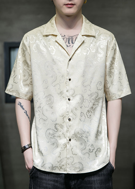 Cool Grey Peter Pan Collar Jacquard Silk Shirts Summer