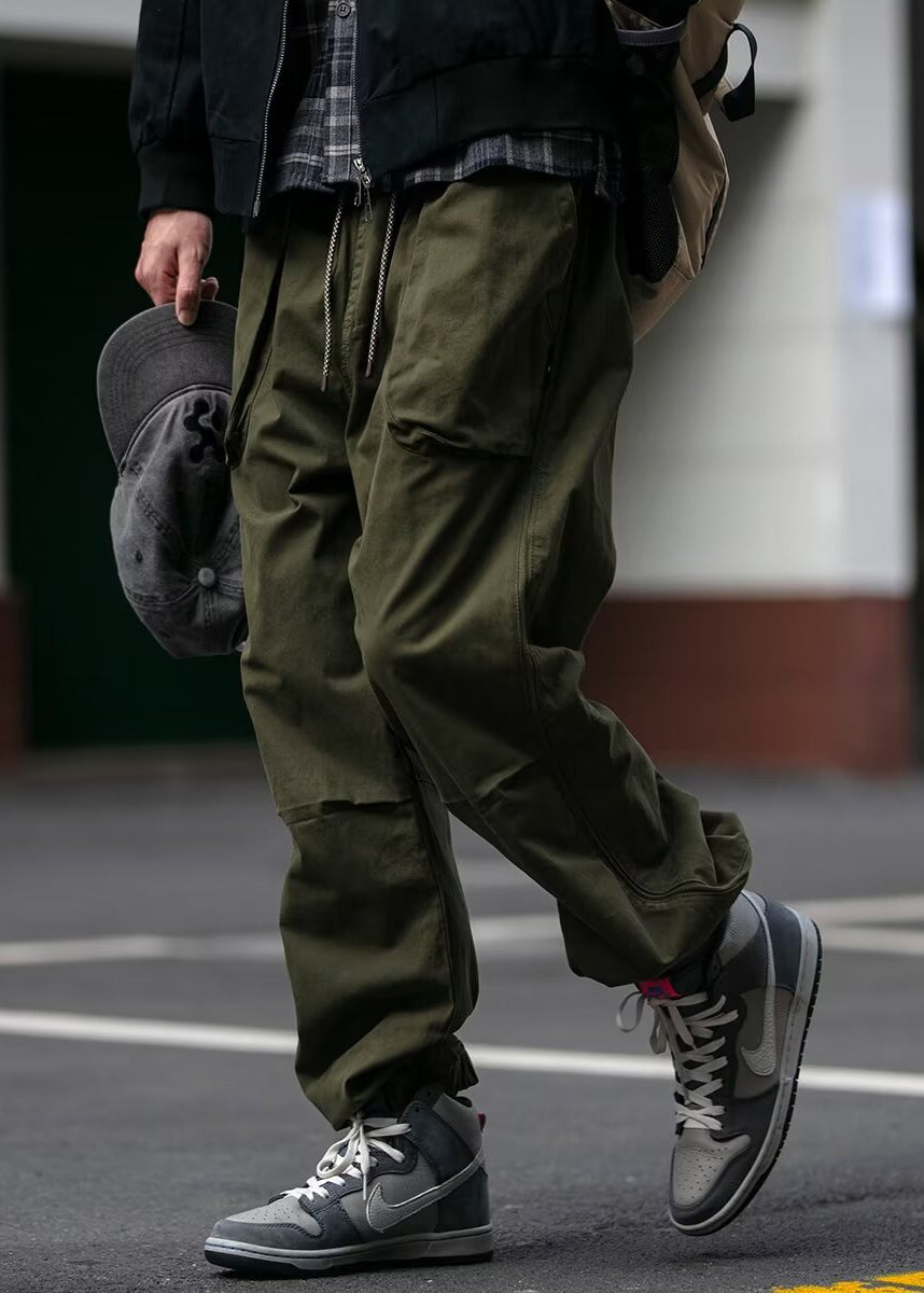 Cool Khaki Pockets Elastic Waist Cotton Beam Pants Spring