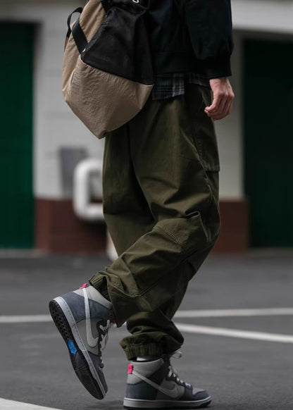 Cool Khaki Pockets Elastic Waist Cotton Beam Pants Spring