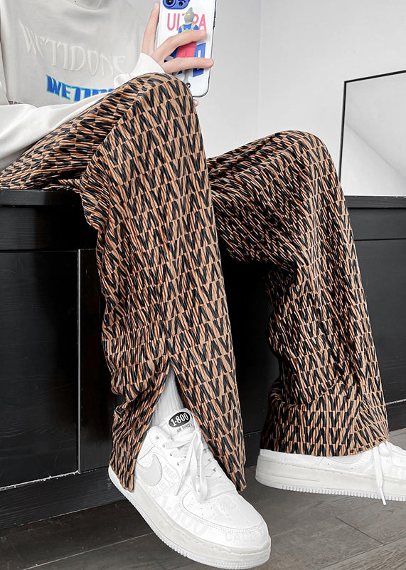 Cool Khaki Pockets Graphic Side Open Ice Silk Pants Summer