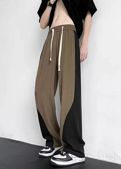 Cool Khaki Pockets Patchwork Ice Silk Straight Pants Summer