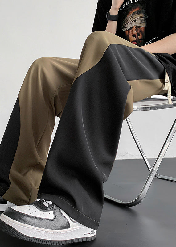 Cool Khaki Pockets Patchwork Ice Silk Straight Pants Summer