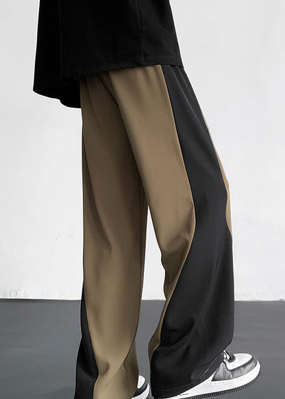 Cool Khaki Pockets Patchwork Ice Silk Straight Pants Summer