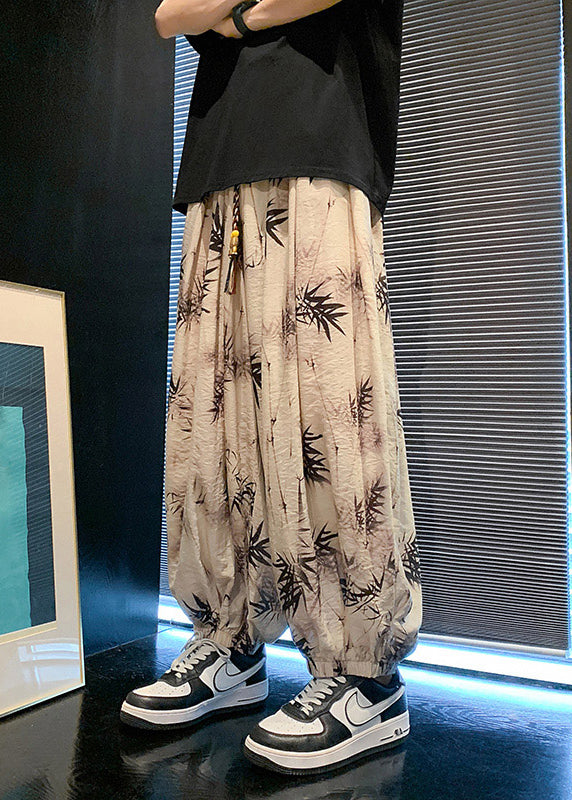 Cool Khaki Pockets Print Elastic Waist Silk Pants Summer