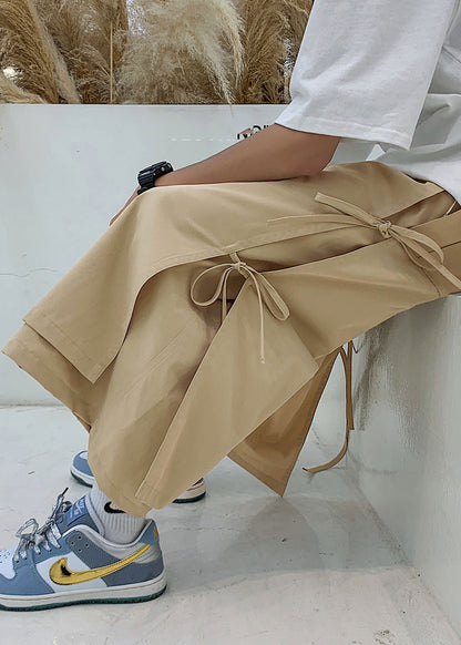 Cool Khaki Pockets Tassel Patchwork Fake Two Pieces Crop Pants