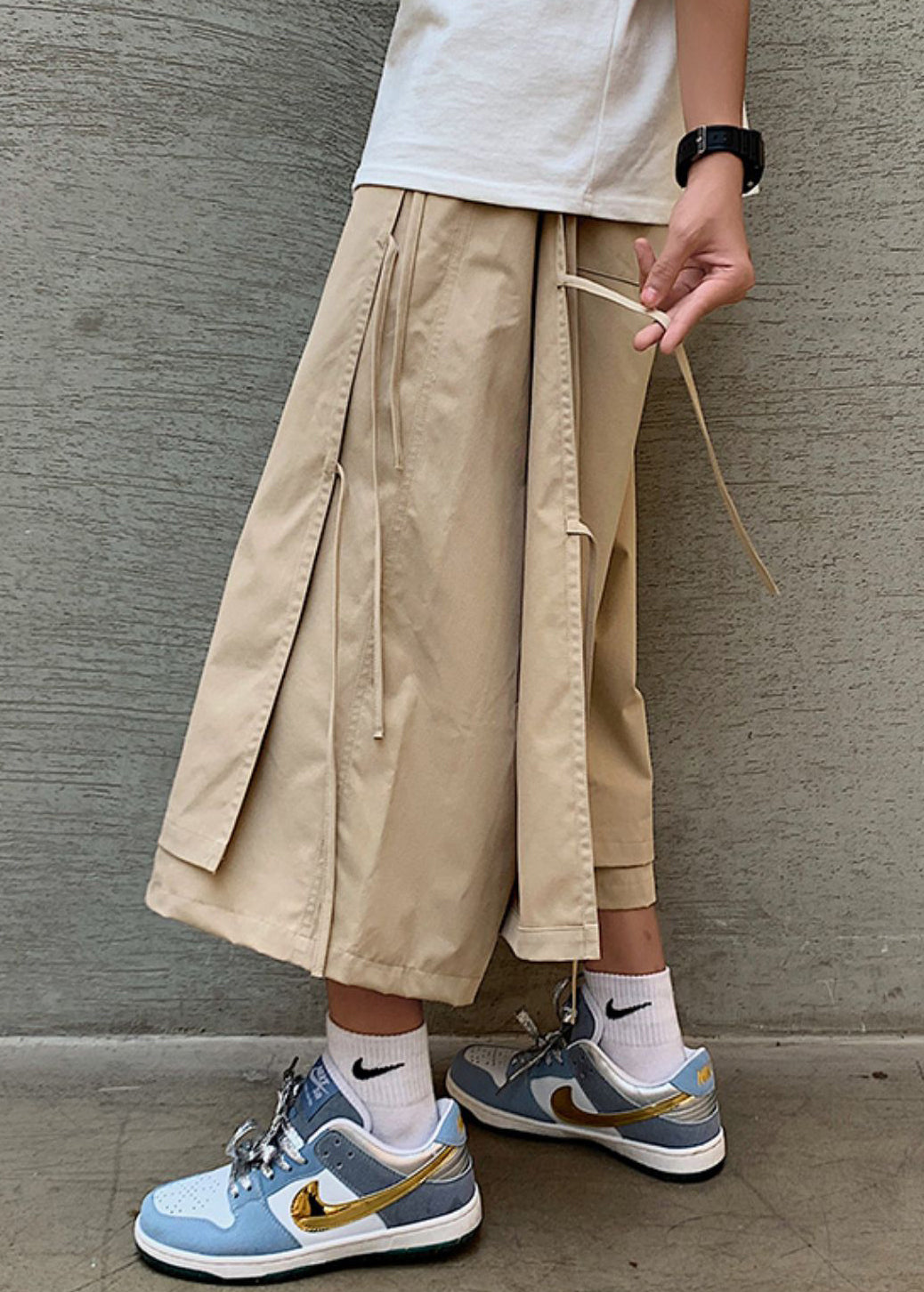 Cool Khaki Pockets Tassel Patchwork Fake Two Pieces Crop Pants