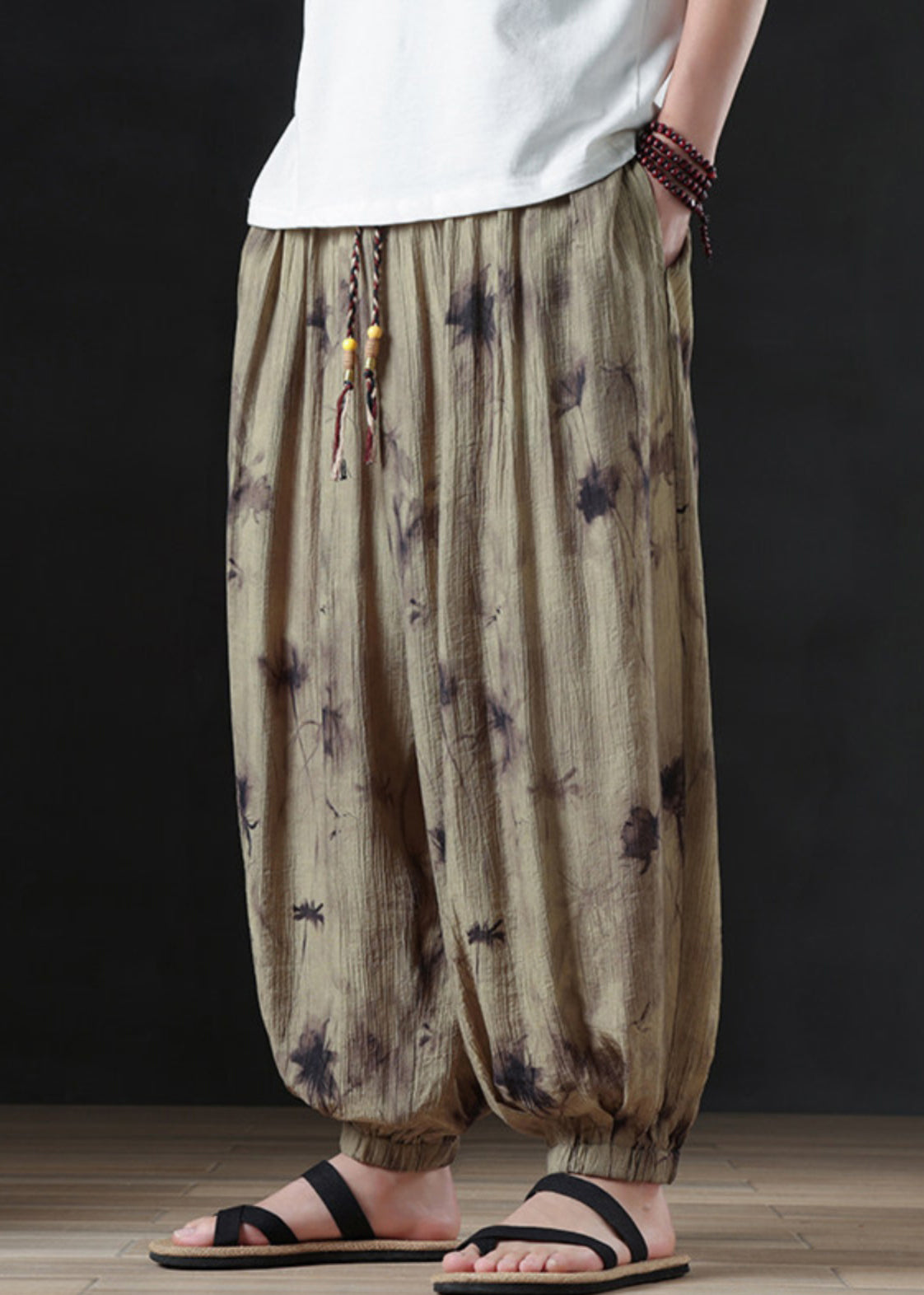 Cool Khaki Print Pockets Cotton Beam Pants Summer