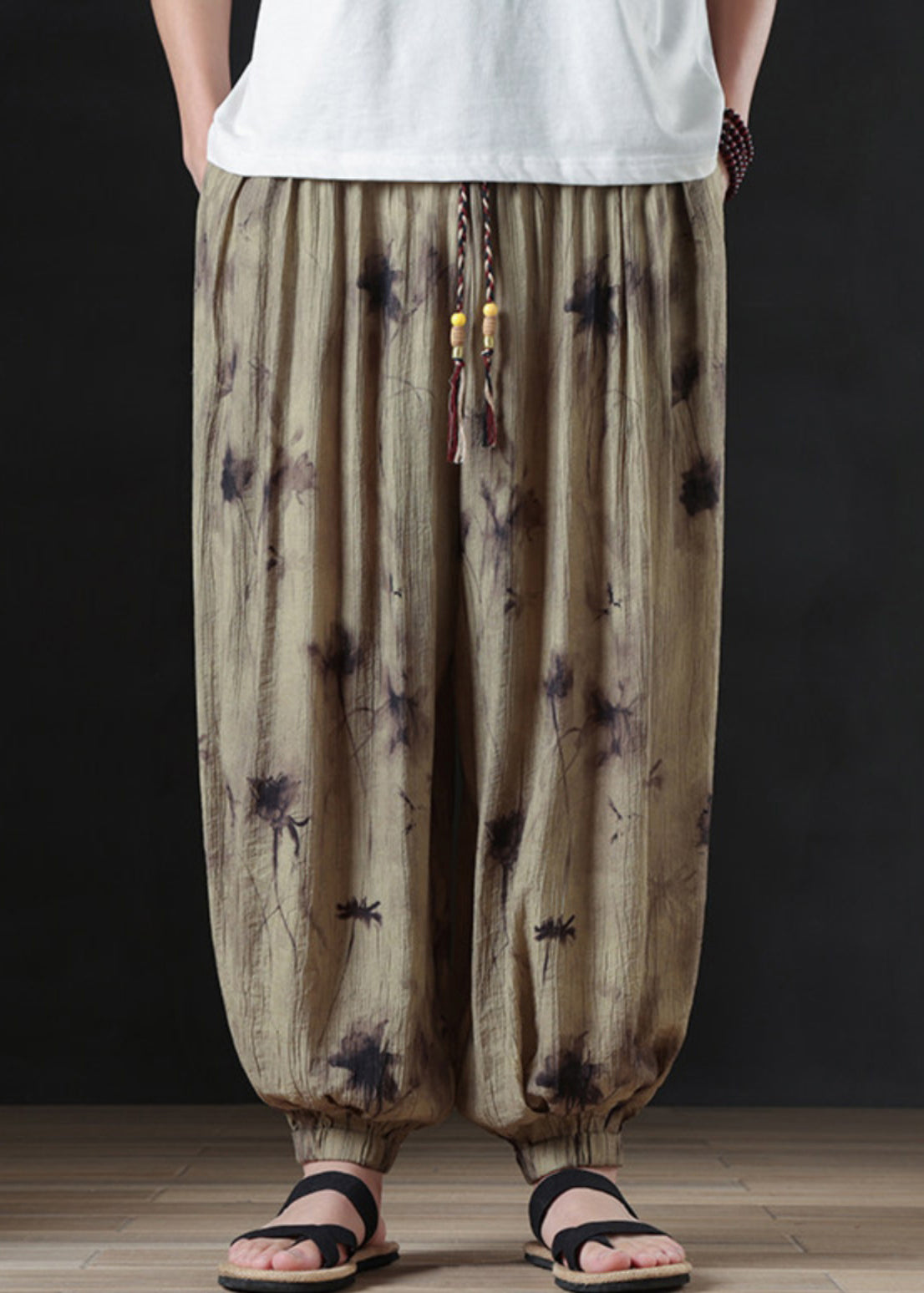 Cool Khaki Print Pockets Cotton Beam Pants Summer
