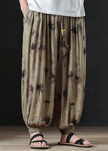 Cool Khaki Print Pockets Cotton Beam Pants Summer