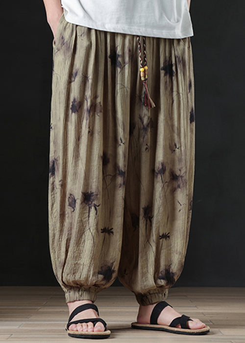 Cool Khaki Print Pockets Cotton Beam Pants Summer