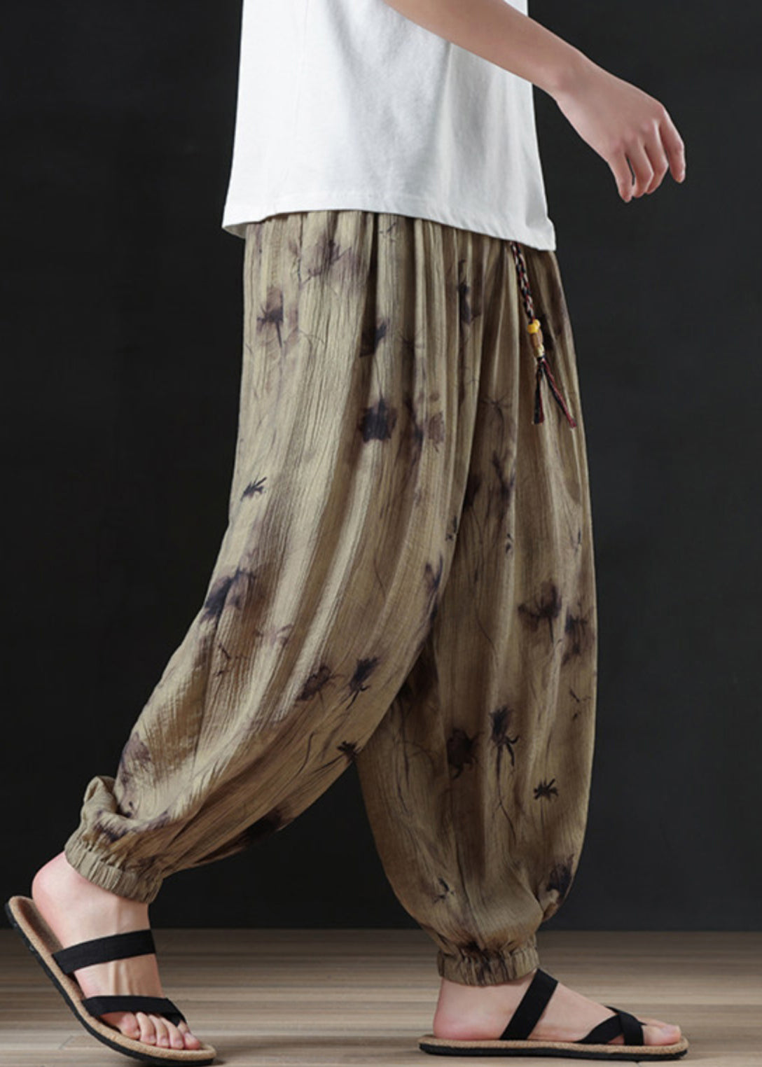 Cool Khaki Print Pockets Cotton Beam Pants Summer
