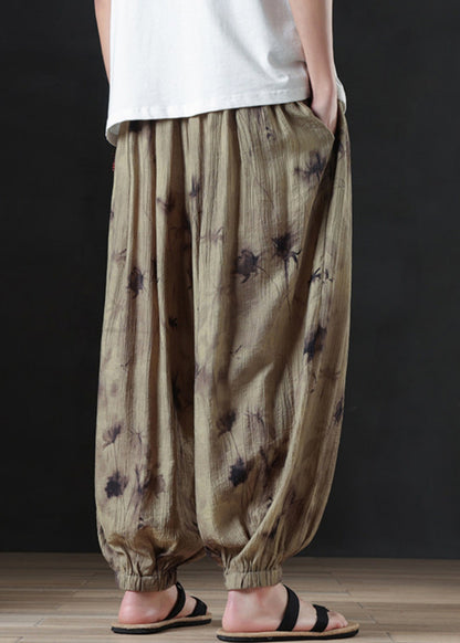 Cool Khaki Print Pockets Cotton Beam Pants Summer