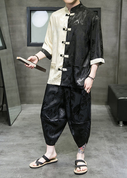 Cool Khaki Stand Collar Patchwork Ice Silk Shirt and Crop Pants Two Pieces Set Summer
