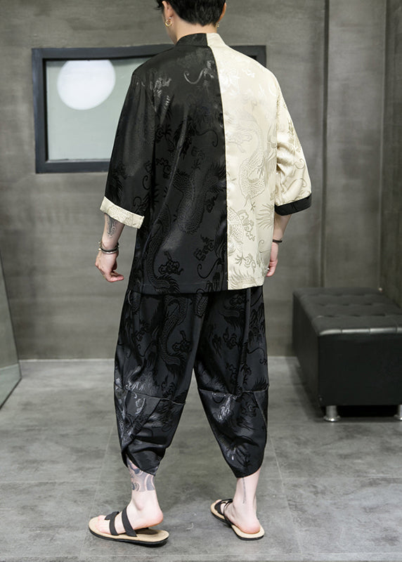 Cool Khaki Stand Collar Patchwork Ice Silk Shirt and Crop Pants Two Pieces Set Summer